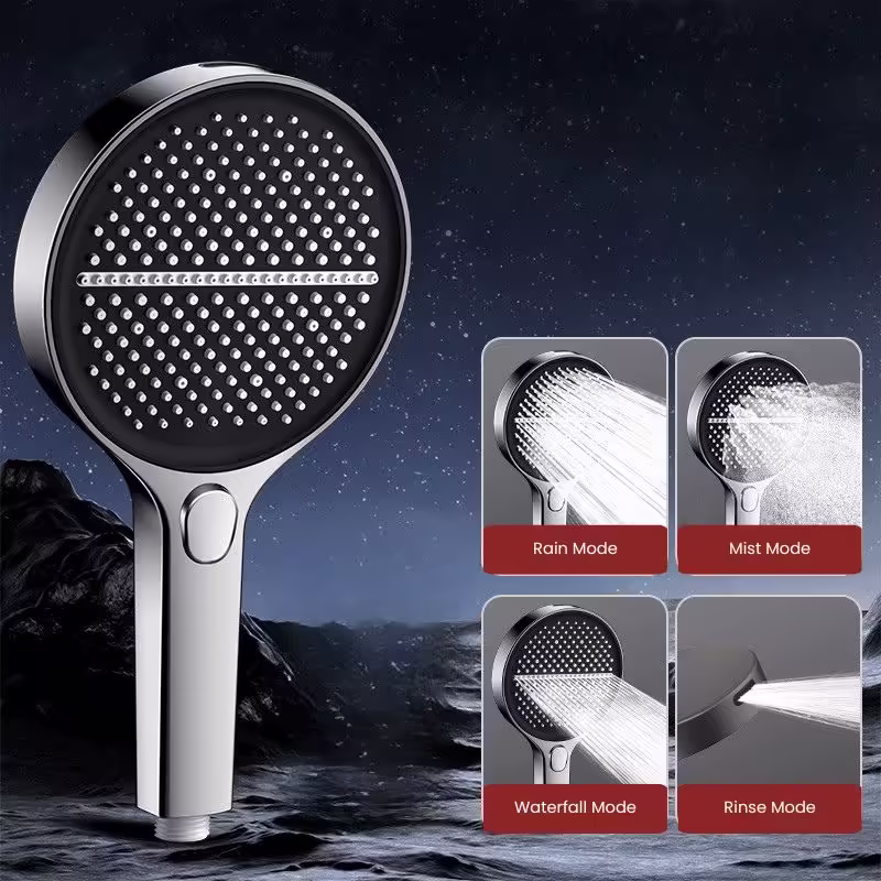4 function Luxury Large Water Flow handshower - Chrome + Black