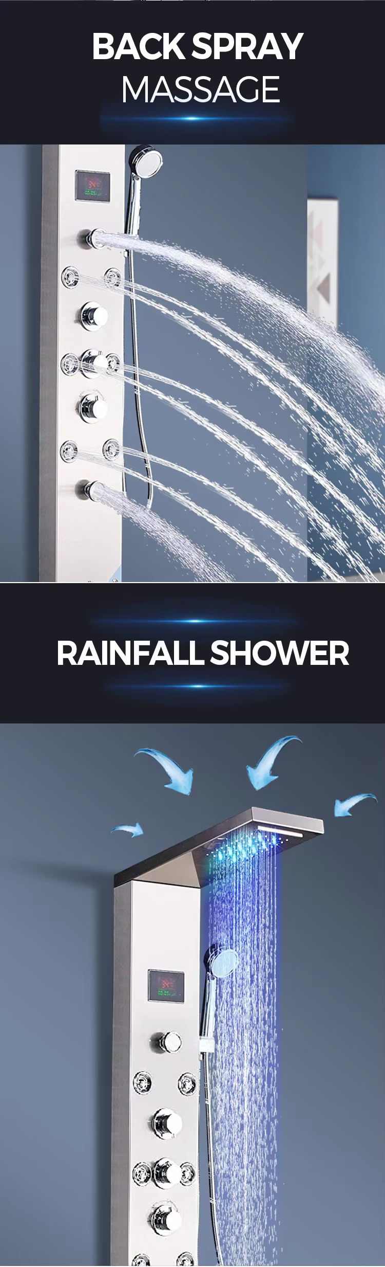 back spray massage thermostatic wall mounted shower panel